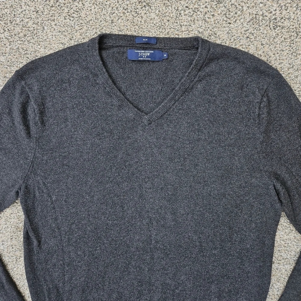 J Crew Cashmere Cotton Sweater Charcoal Gray V Neck Slim Fit Mens Size Medium